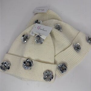 True Love Cream Beanie with Silver Floral Accents  SET of 3, NWT